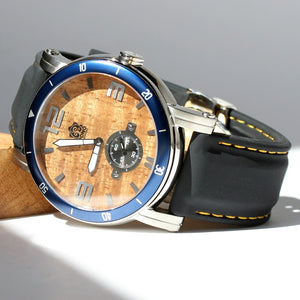 THE WATERMAN KOA WOOD WATCH (47MM, CHROME, BLUE OR BLACK SILICONE BAND)