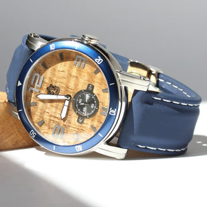 THE WATERMAN KOA WOOD WATCH (47MM, CHROME, BLUE OR BLACK SILICONE BAND)