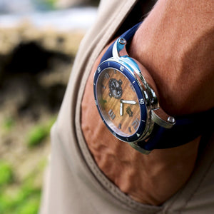 THE WATERMAN KOA WOOD WATCH (47MM, CHROME, BLUE OR BLACK SILICONE BAND)